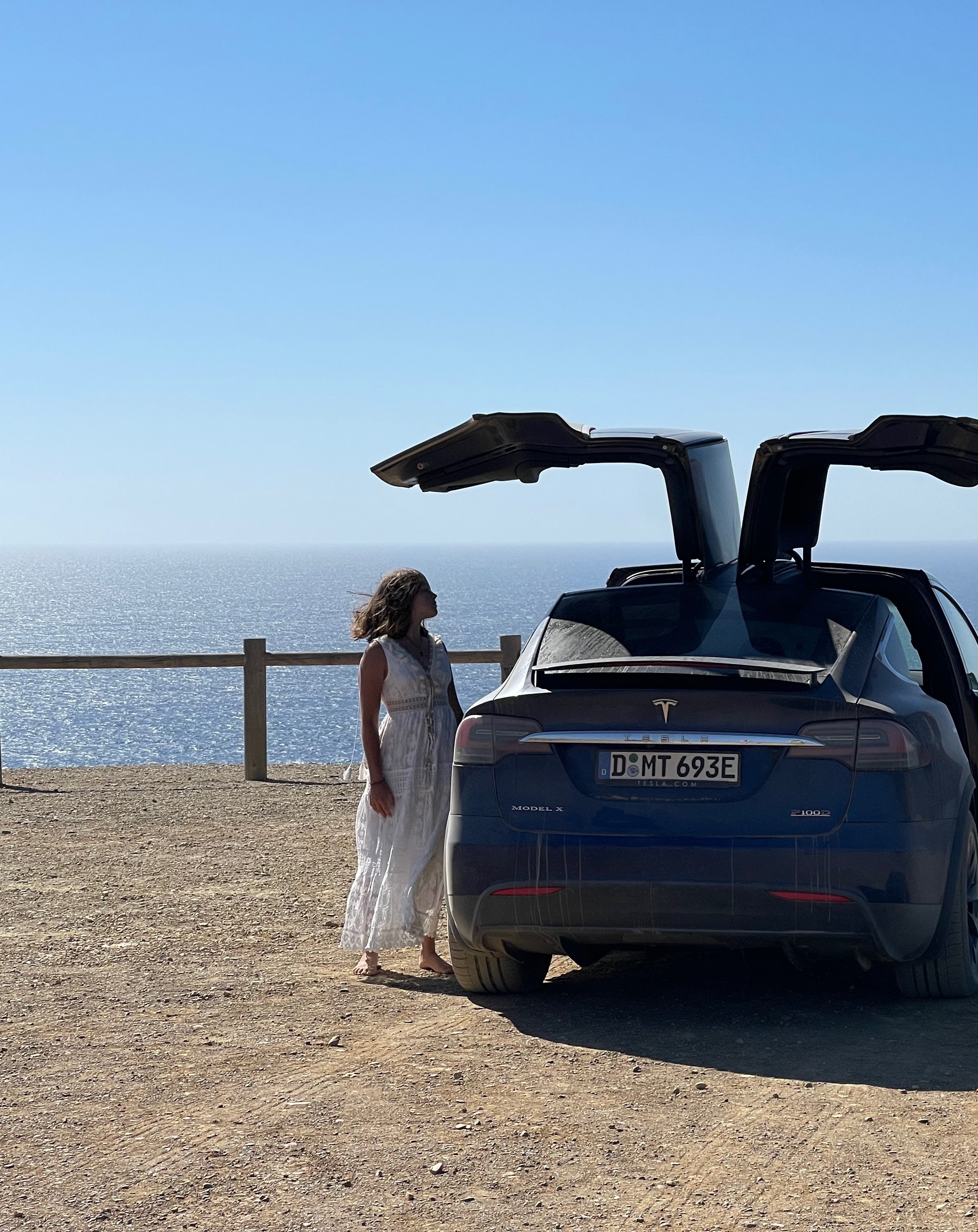 Lucy with Falcon Wings open at the Atlantic coast, ocean behind