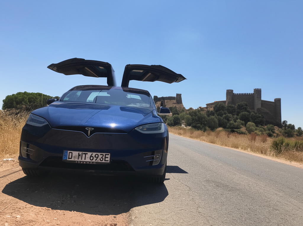 Lucy with Falcon Wings spread in front of a medieval Portuguese castle