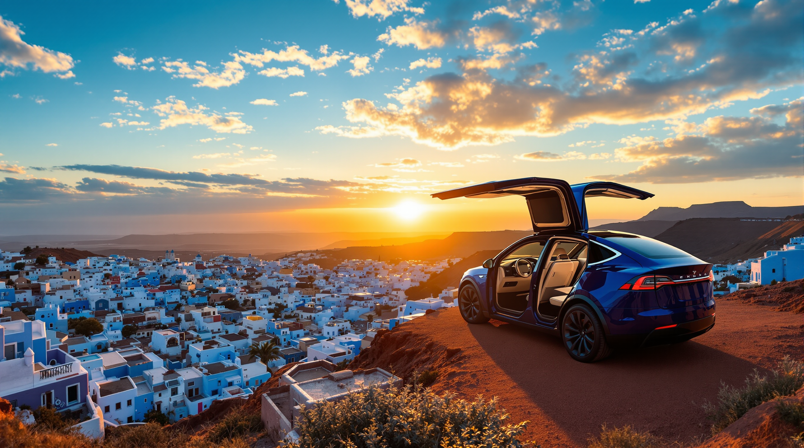 Lucy overlooking Chefchaouen at sunset, falcon wings spread wide on a hilltop, the blue city glowing below