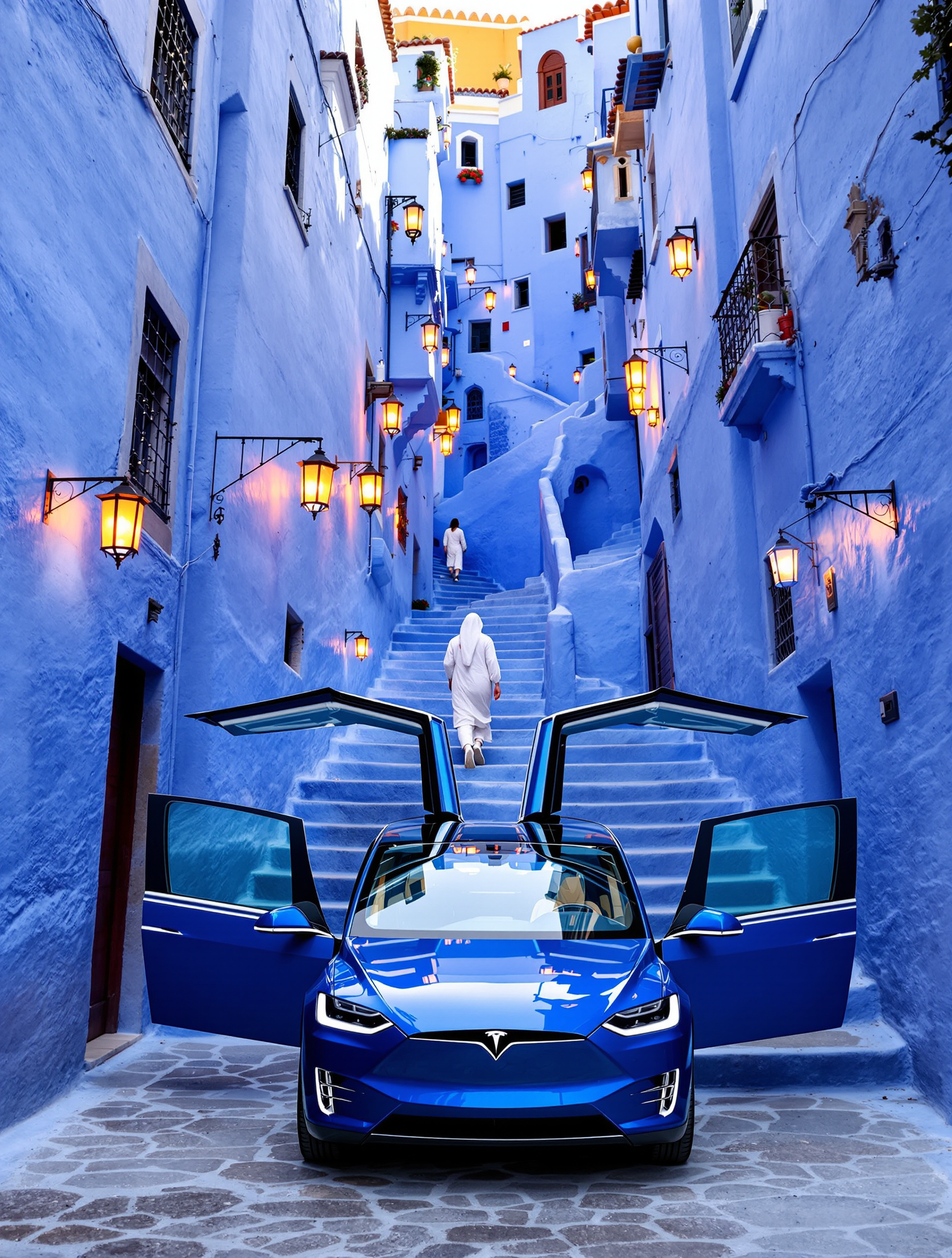 Lucy with falcon wings spread at the base of a famous blue staircase in Chefchaouen, lanterns, a figure in white ascending