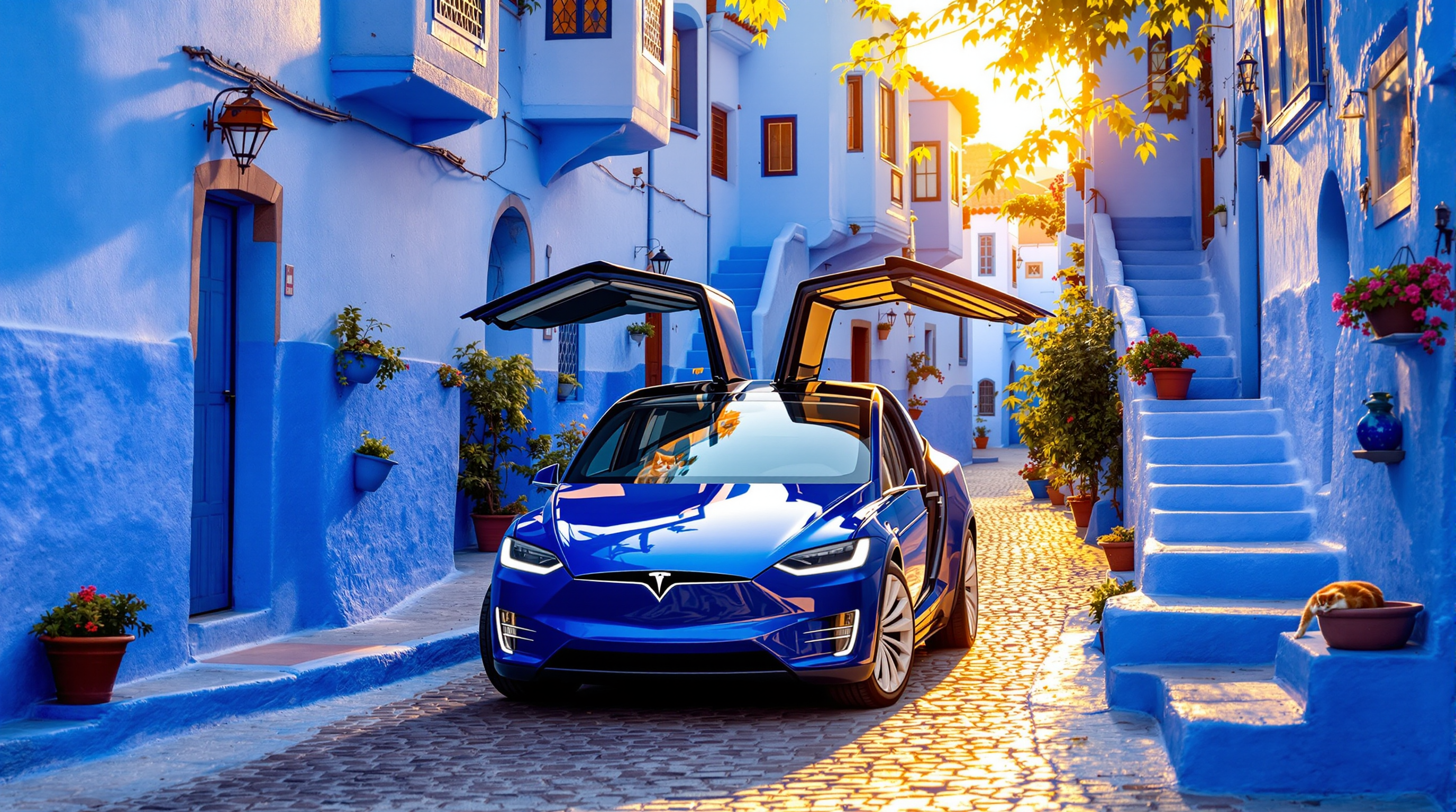 Lucy on a narrow cobblestone street in Chefchaouen, blue walls matching blue paint, potted plants, sleeping cat, golden afternoon light