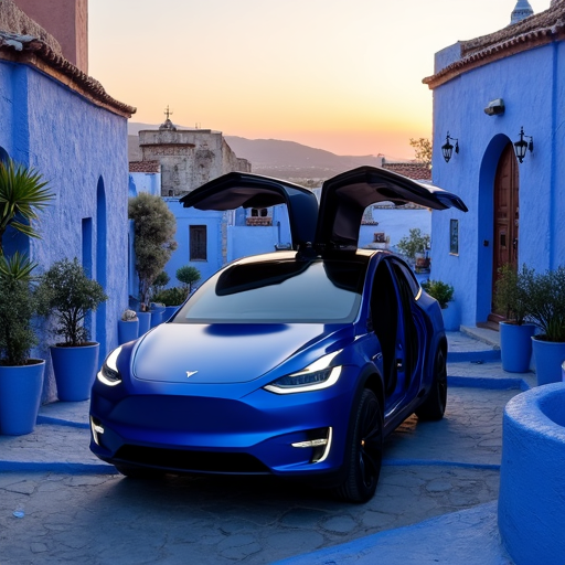 Lucy in Chefchaouen - blue Tesla in blue city, falcon wings spread at sunset