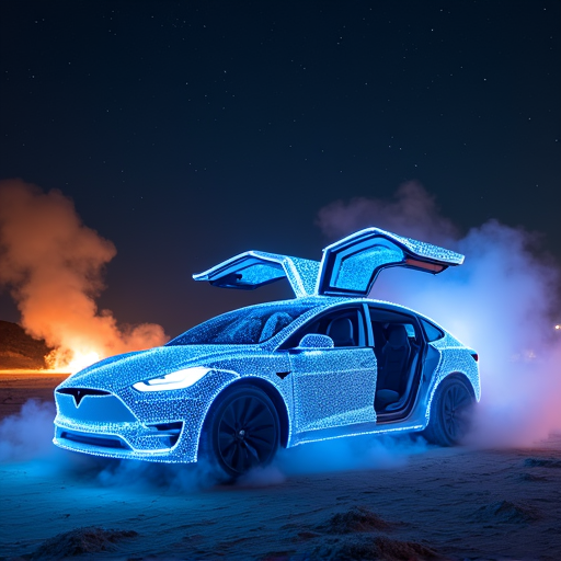 Lucy covered in thousands of tiny LEDs like a constellation, fire in the background