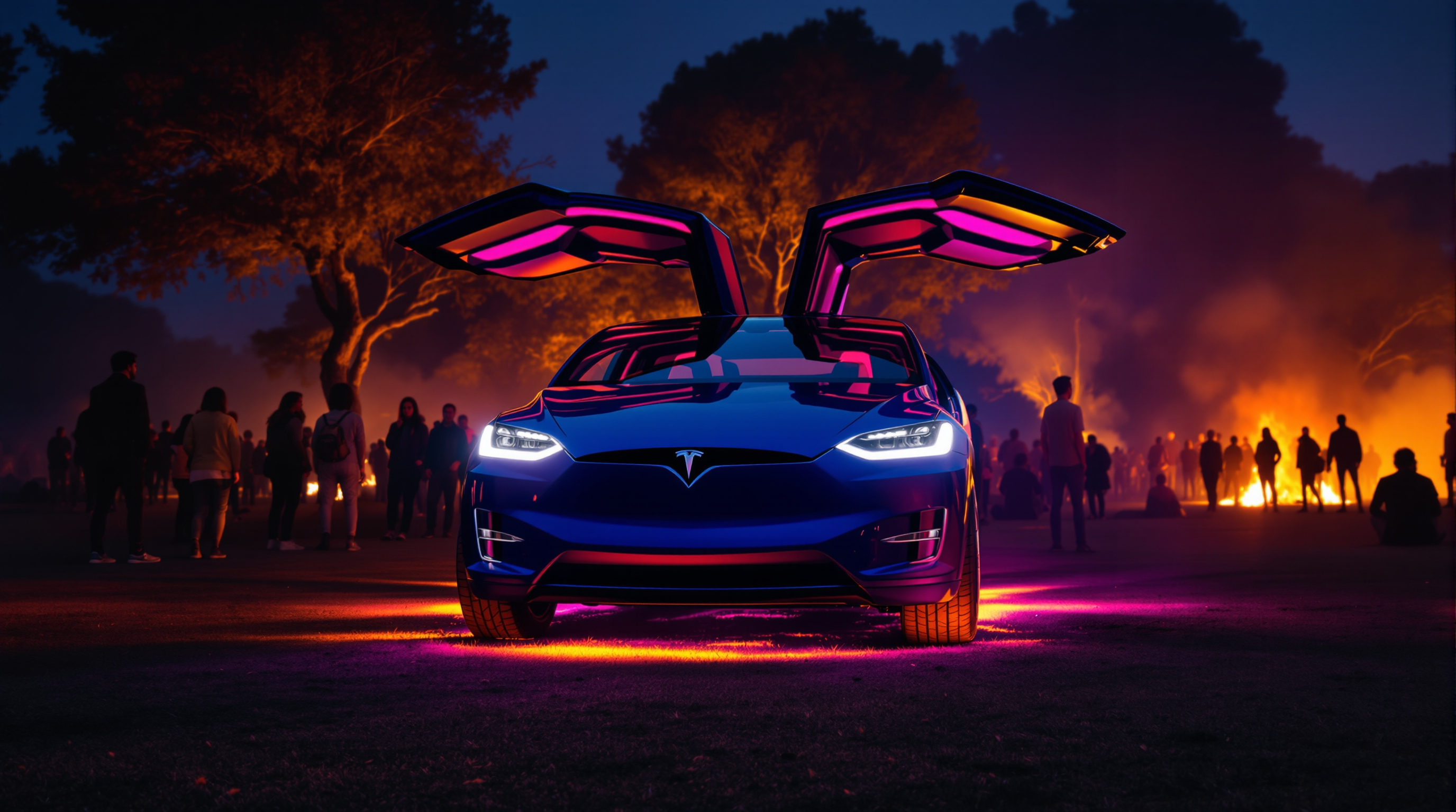 Lucy at a night festival, LED light strips along falcon wing doors glowing purple and gold, bonfire in the background, Portuguese cork oak trees