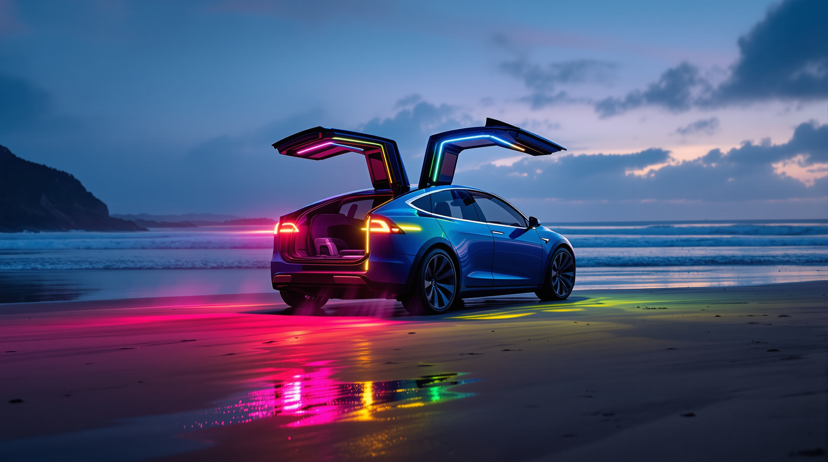 Lucy on a twilight beach, rainbow LED strips illuminating the falcon wings, ocean waves reflecting coloured light