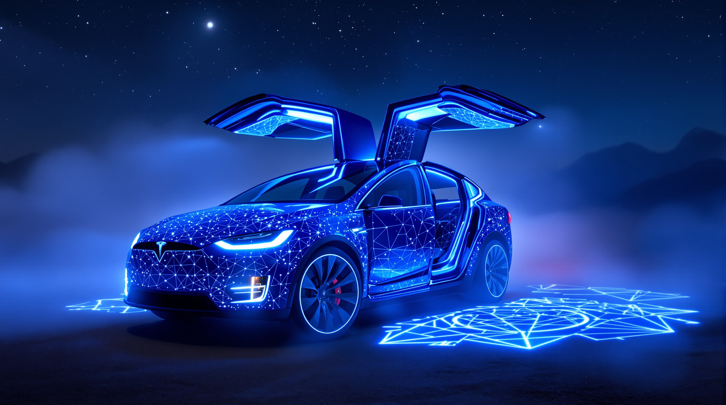 Lucy covered in fiber optic star-like LEDs, falcon wing doors spread wide, sacred geometry patterns projected on the ground