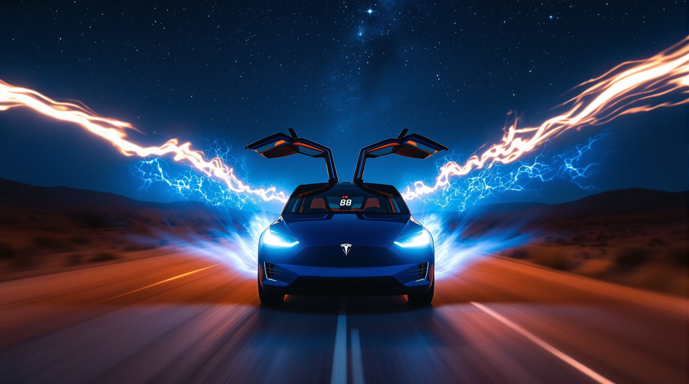 Lucy as a DeLorean time machine leaving fire trails across the desert, 88 miles per hour