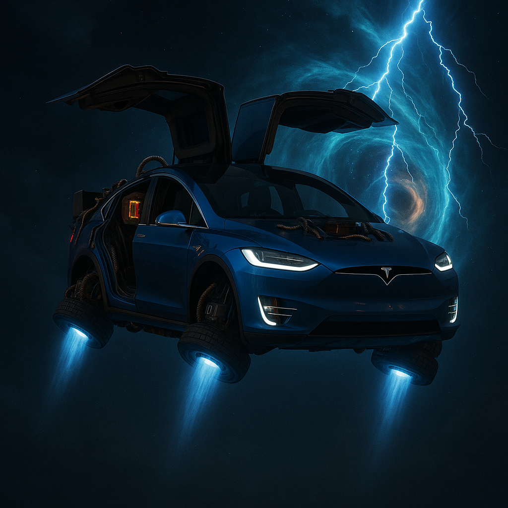 Lucy flying through a time vortex, lightning crackling